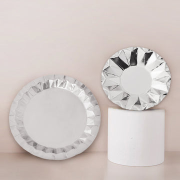 25 Pack Geometric Metallic Silver Dessert Appetizer Paper Plates, Disposable Salad Party Plates 400 GSM 7"