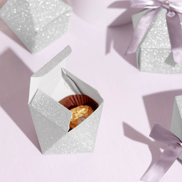 25 Pack Geometric Silver Glitter Wedding Favor Candy Gift Box 2"x3"