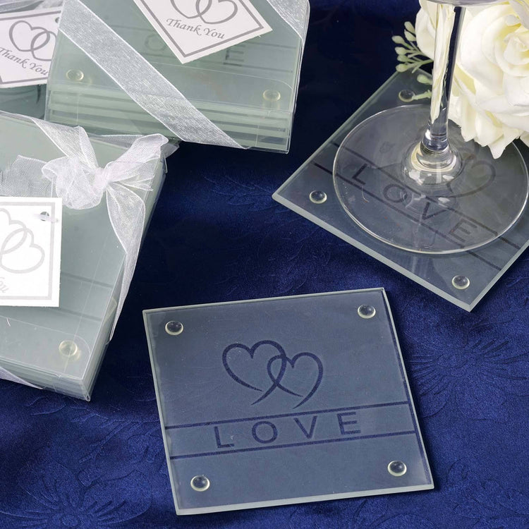 3inch Gift Wrapped Love Engraved Square Glass Coasters, Wedding Favors With Thank You Tag