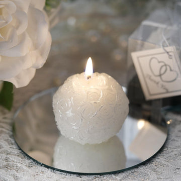 Gift Wrapped White Rose Ball Candle Wedding Party Favors With Thank You Tag 2"