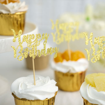 24 Pack | Glitter Gold Happy Birthday Cupcake Toppers, Cake Picks, Party Decoration Supplies