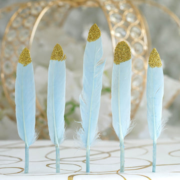 30 Pack | Glitter Gold Tip Light Blue Real Turkey Feathers, Craft Feathers For Party Decoration