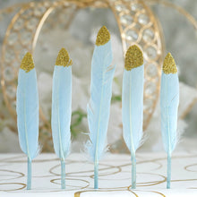 30 Pack Light Blue Glitter Gold Tip Real Turkey Feathers 