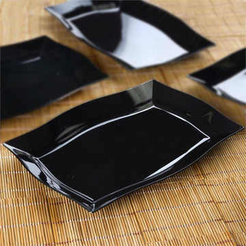 10 Pack | 12" Glossy Black Plastic Rectangular Serving Plates With Wave Trimmed Rim