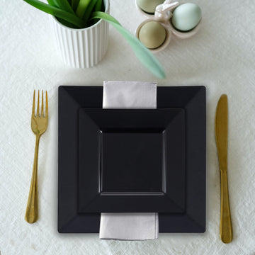 10 Pack | 6" Glossy Black Square Plastic Dessert Appetizer Plates With Wide Rim