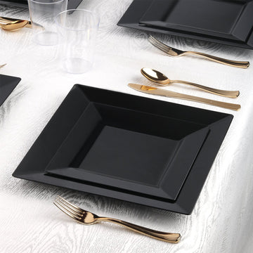 10 Pack Glossy Black Square Plastic Dinner Plates With Wide Rim 10"