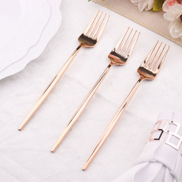 24 Pack Glossy Rose Gold Heavy Duty Plastic Silverware Forks, Premium Disposable Flatware Cutlery 8"