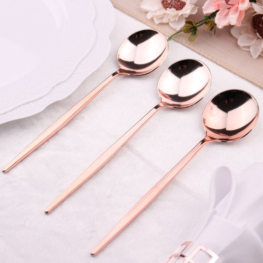 Glossy Blush & Gold Heavy Duty Disposable Flatware Cutlery 8 Inch Modern Silverware Spoons Premium 24 Pack