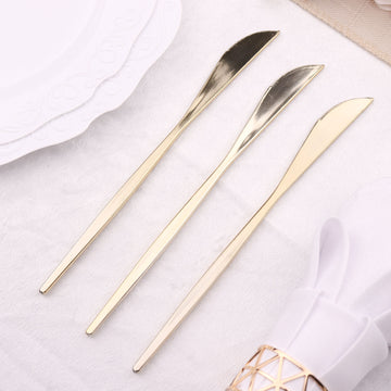 24 Pack | 8" Glossy Gold Heavy Duty Plastic Silverware Knives Cutlery, Premium Disposable Sleek Flatware