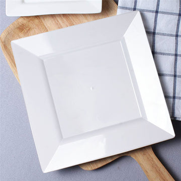 10 Pack Glossy White Square Plastic Dinner Plates With Wide Rim 10"