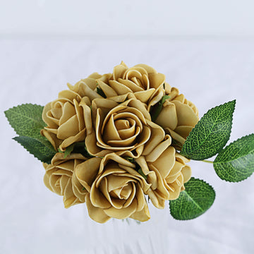 24 Roses | 2" Gold Artificial Foam Flowers With Stem Wire and Leaves