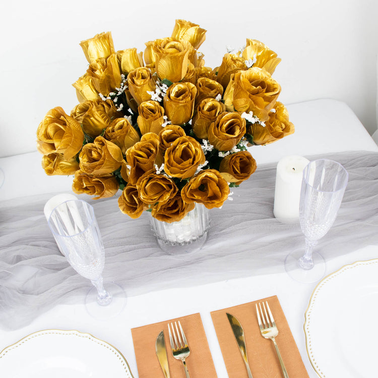 Gold Flower Artificial Rose Bud Premium Silk Bouquets 12 Bushes
