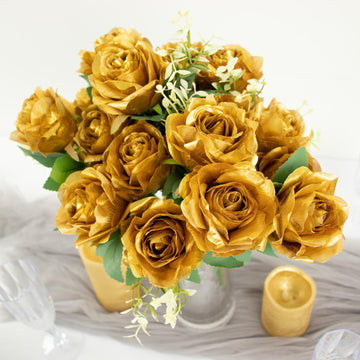 2 Bushes Gold Artificial Silk Rose Flower Arrangements, Real Touch Long Stem Flower Bouquet 18"
