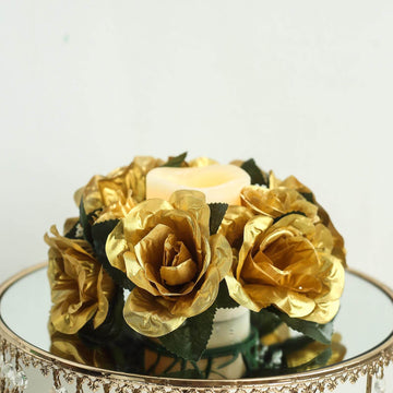 4 Pack | 3" Gold Artificial Silk Rose Flower Candle Ring Wreaths