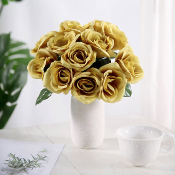 12" Gold Artificial Velvet-Like Fabric Rose Flower Bouquet Bush