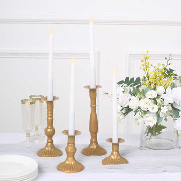 Set of 4 | Gold Baroque Metal Taper Candle Holder Centerpieces, Vintage Candlestick Stands  - 9", 8", 5", 3"