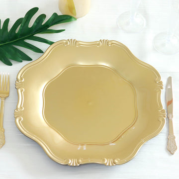 6 Pack | 13" Gold Baroque Scalloped Acrylic Plastic Charger Plates, Hexagon Charger Plates