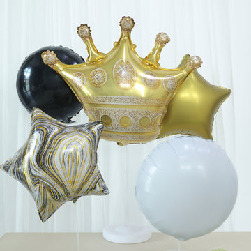 Set of 6 | Gold/Black Marble Mylar Foil Party Balloon Set, Star, Round and Crown Balloon Bouquet With Ribbon, Party Decorations