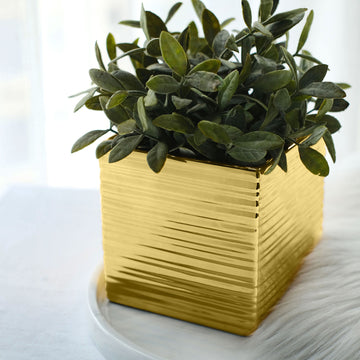 2 Pack Gold Brush Textured Ceramic Square Flower Plant Box, Cube Shaped Planter Pots 5"