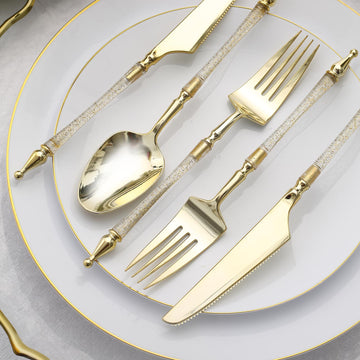 24 Pack | Gold / Clear Glittered European Plastic Utensil Set with Roman Column Handle, Disposable Fork, Spoon and Knife Silverware