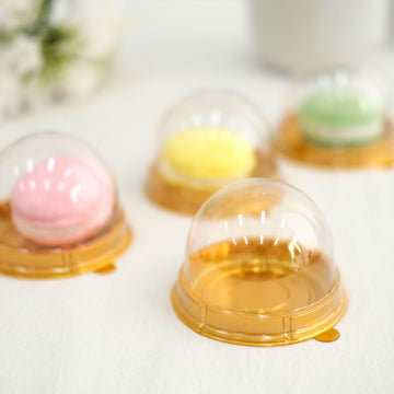 50 Pack Gold/Clear Mini Plastic Cupcake Favor Containers, Round Dome Party Boxes Treat Display Holder 3"