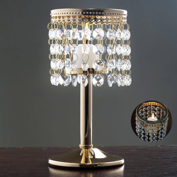 Gold Crystal Beaded Chandelier Votive Pillar Candle Holder, Metal Tealight Candle Stand 8"