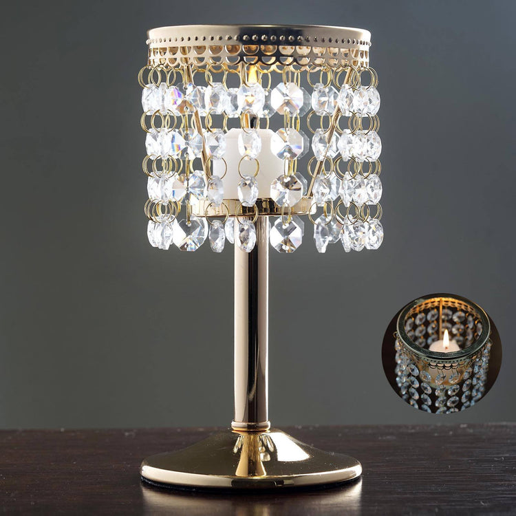 Gold Metal Crystal Beaded Chandelier Candle Stand With 8 Inch