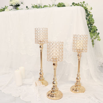 Set of 3 Gold Crystal Beaded Goblet Votive Candle Holder Centerpieces, Tea Light Candle Stands 18", 16", 14"