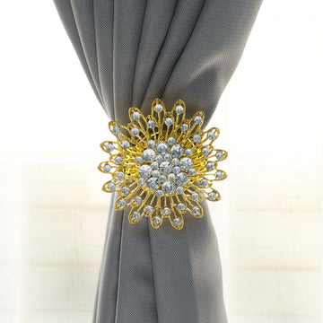 2 Pack Gold Crystal Flower Magnetic Backdrop Curtain Tie Backs, Metallic Window Drapery Panel Buckle Clips 4"