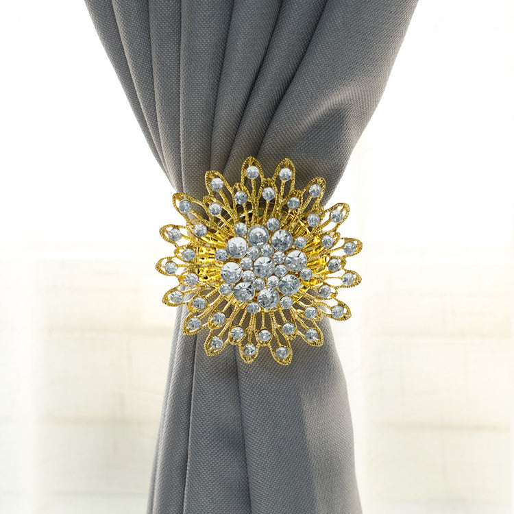 4 Inch Gold Crystal Flower Magnetic Curtain Tie Backs 2 Pack