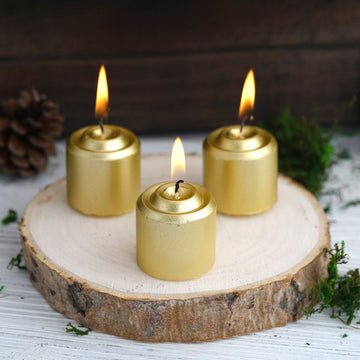 12 Pack | 1.5" Gold Dripless Unscented Wax Votive Candles, Long Lasting Burn Real Wax