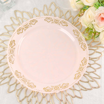 Elegant pink plate with gold trim on decorative gold charger.