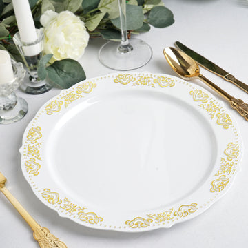 10 Pack | Gold Embossed 10" Plastic Dinner Plates, Round White/Gold With Scalloped Edges