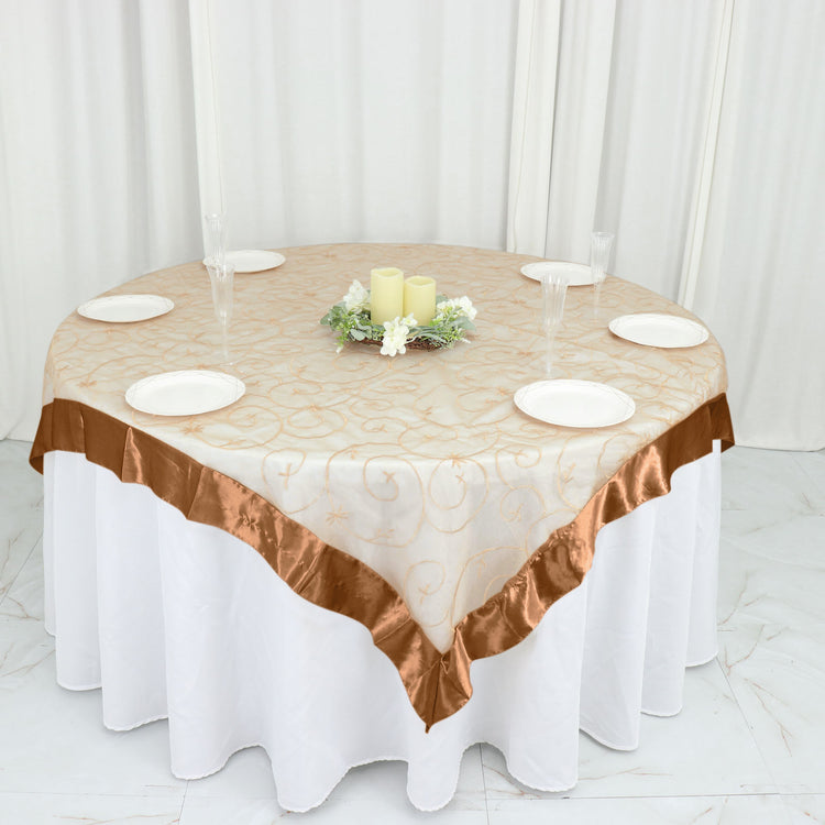 Gold Satin Edge Embroidered Sheer Organza Square Table Overlay 60 Inch x 60 Inch