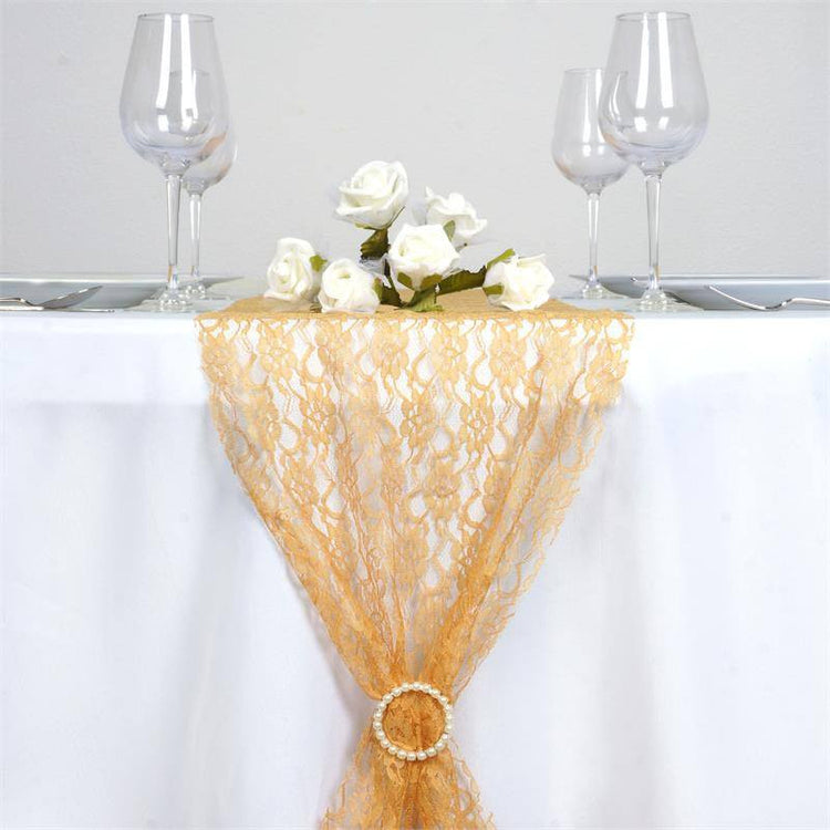 12 Inch x 108 Inch Floral Gold Lace Table Runner