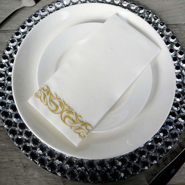 20 Pack | Gold Foil White Airlaid Soft Linen-Feel Paper Dinner Napkins, Disposable Hand Towels - Scroll