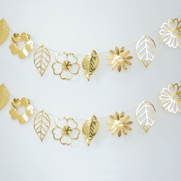 Gold Foiled Paper Assorted Flowers / Leaves Hanging Garland Banner 7ft