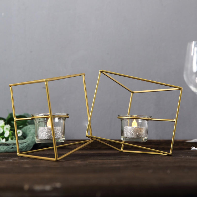 9 Inch Rose Gold Linked Metal Geometric Candle Holder Set with Votive Glass Holders