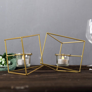 Gold Geometric Candle Holder Set - Linked Metal Geometric Centerpieces with Votive Glass Holders 9"