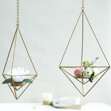 Set Of 2 Gold Geometric Hanging Tealight Candle Holders, Diamond Shaped Open Frame Metal Terrarium Planters 12", 15"
