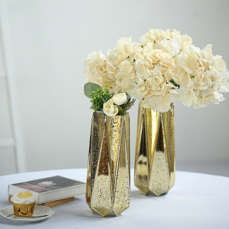 2 Pack of Geometric Vases Mercury Glass Flower Centerpieces 11 Inch in Gold 