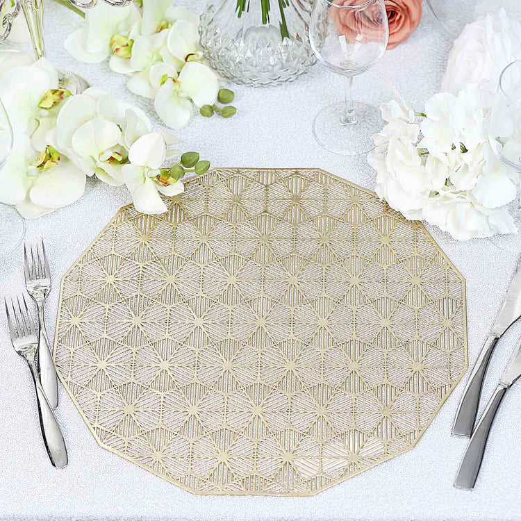 6 Pack Gold Woven Vinyl 15 Inch Non Slip Geometric Placemats