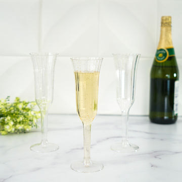 12 Pack Gold Glitter Sprinkled Clear Plastic Champagne Flutes, Disposable Flared Glasses With Detachable Base 6oz