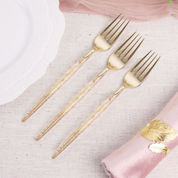 24 Pack | Gold Glittered Disposable Forks, Plastic Silverware Cutlery