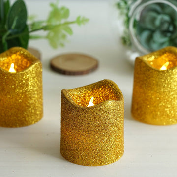 12 Pack | Gold Glittered Flameless LED Votive Candles, Battery Operated Reusable Candles