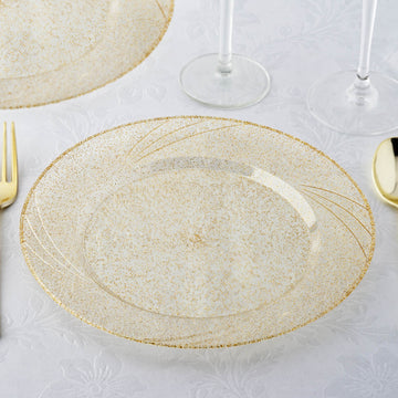 12 Pack Gold Glittered Plastic Disposable Dinner Plates With Shiny Swirl Rim 9"