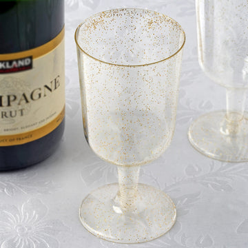 12 Pack Gold Glittered Plastic Short Stem Wine Glasses, Disposable Party Cups 7oz