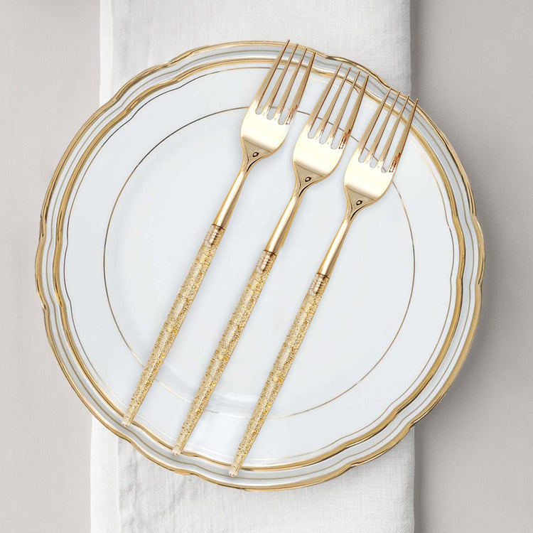 9 Inch Gold Heavy Duty Plastic Forks with Glitter Handles 24 Pack