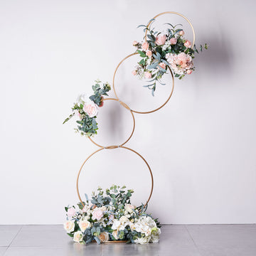 5ft | 4-Tiered Gold Hoop Pillar Flower Stand, Metal Wedding Arch Table Centerpiece - Hoop Wreath