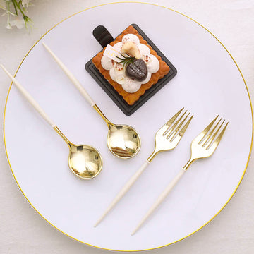 Convenience Meets Style with our Gold / Ivory Premium Plastic Fork / Spoon Utensil Set